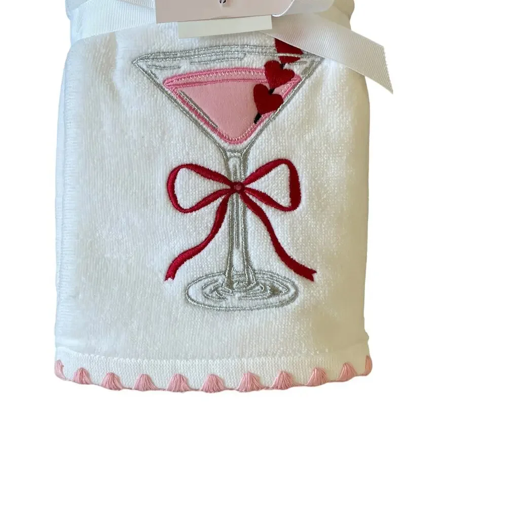 Kassadecor Pink Martini Valentine Hand Towels 18x28 Cotton Set of 2 Red Bow NEW